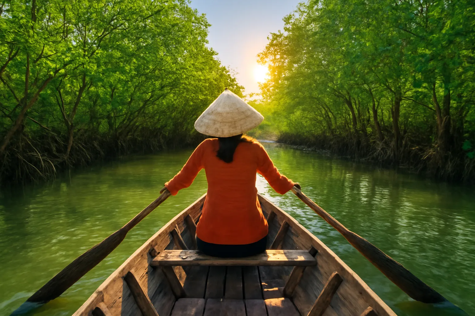 Người phụ nữ chèo xuồng giữa rạch nước miền Tây có hàng bần hai bên