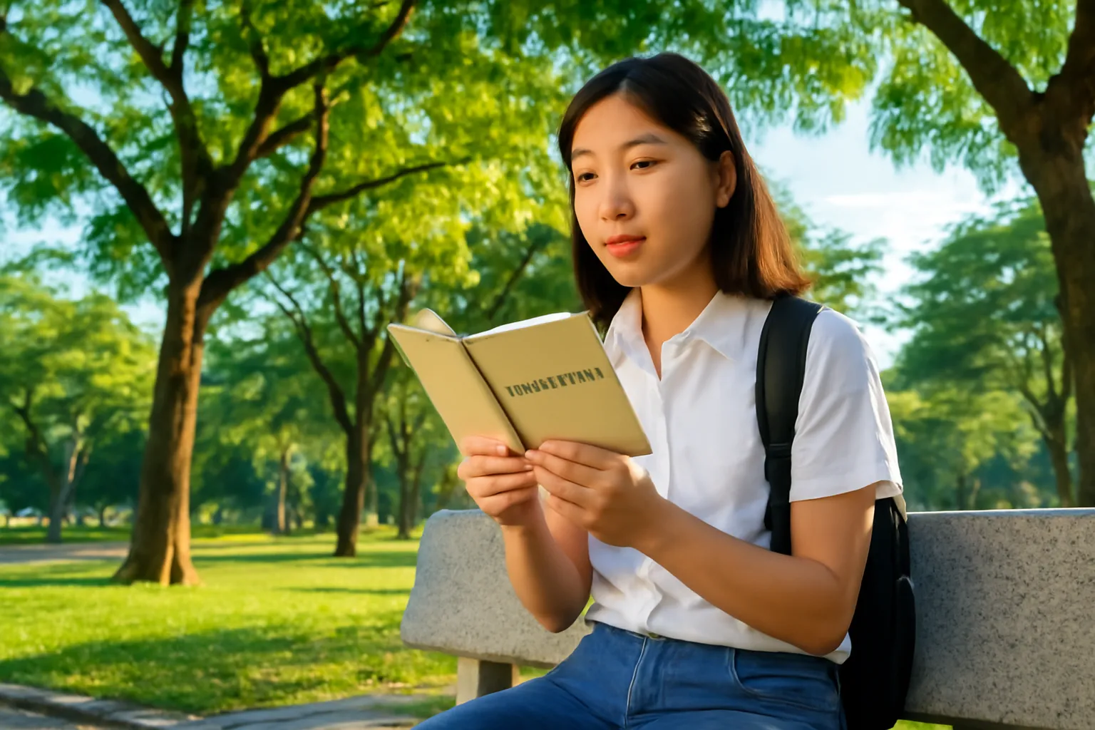 Cô gái đọc thơ thành tiếng trên chiếc ghế đá trong công viên buổi sớm
