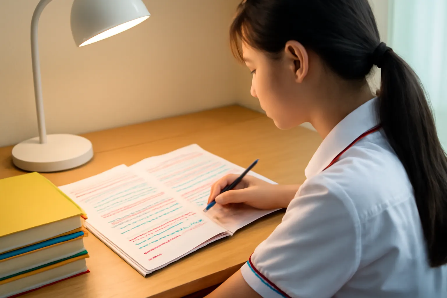 Học sinh ghi chép bên bàn học với sách và bút màu dưới đèn bàn