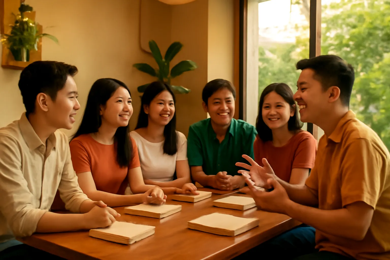 Nhóm bạn trẻ ngồi quanh bàn gỗ trong quán cà phê thảo luận về sách