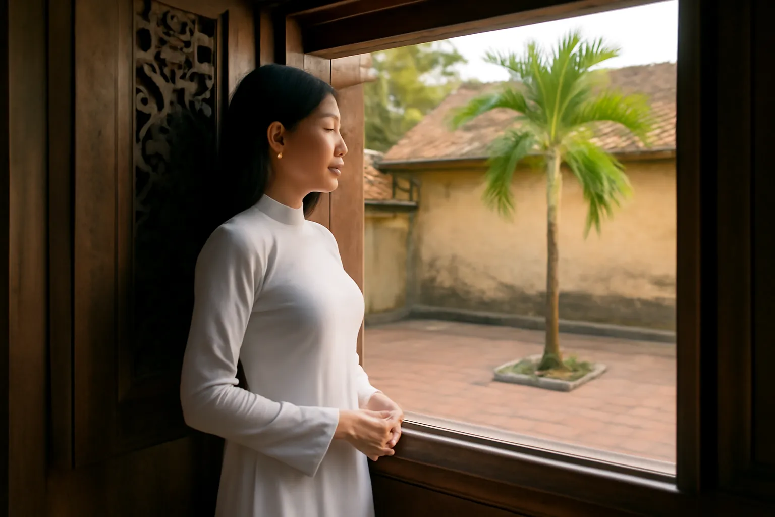 Người phụ nữ đứng bên cửa sổ gỗ nhìn ra khoảng sân vắng lúc hoàng hôn