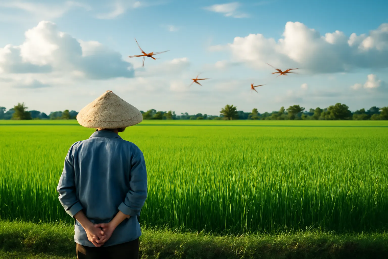 Bác nông dân ngước nhìn bầu trời chiều trên cánh đồng lúa xanh