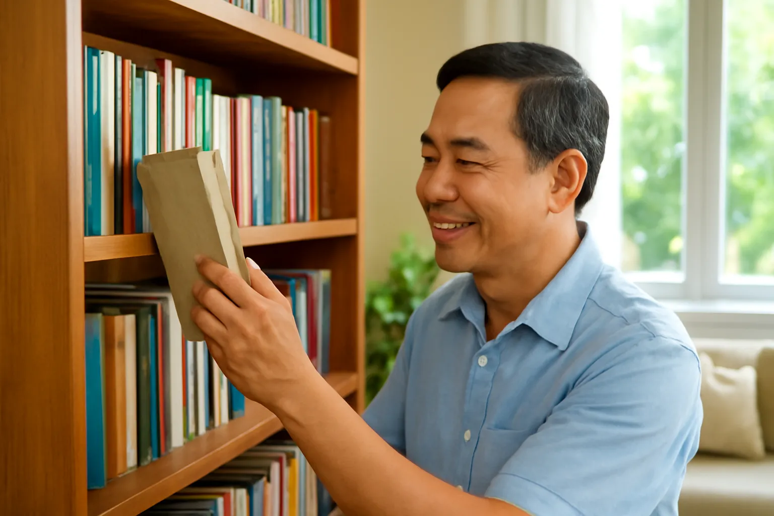 Người đàn ông trung niên lấy cuốn sách cũ từ kệ gỗ trong phòng khách