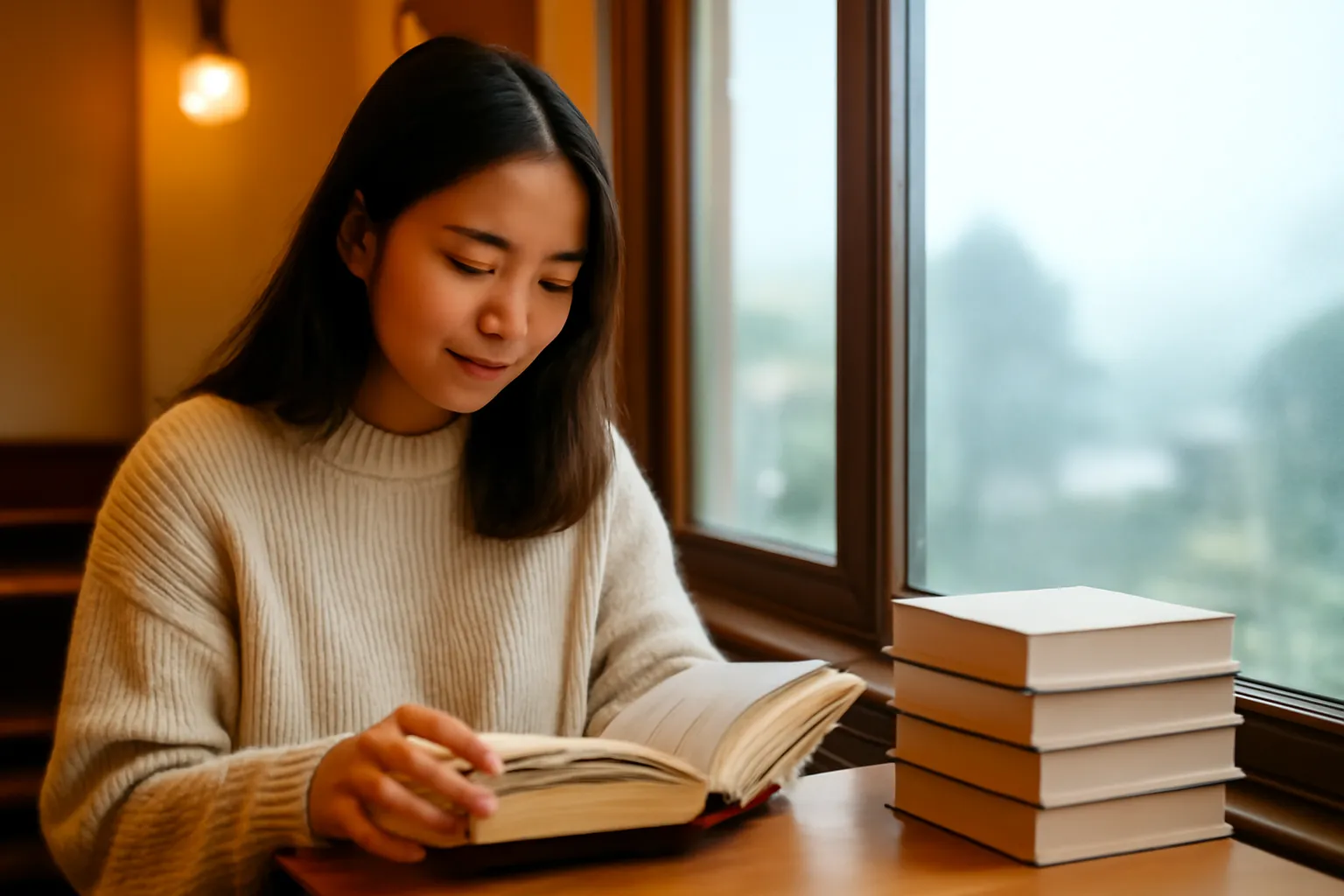 Người đọc ngồi bên cửa sổ có tuyết phủ ngoài trời với chồng sách dày