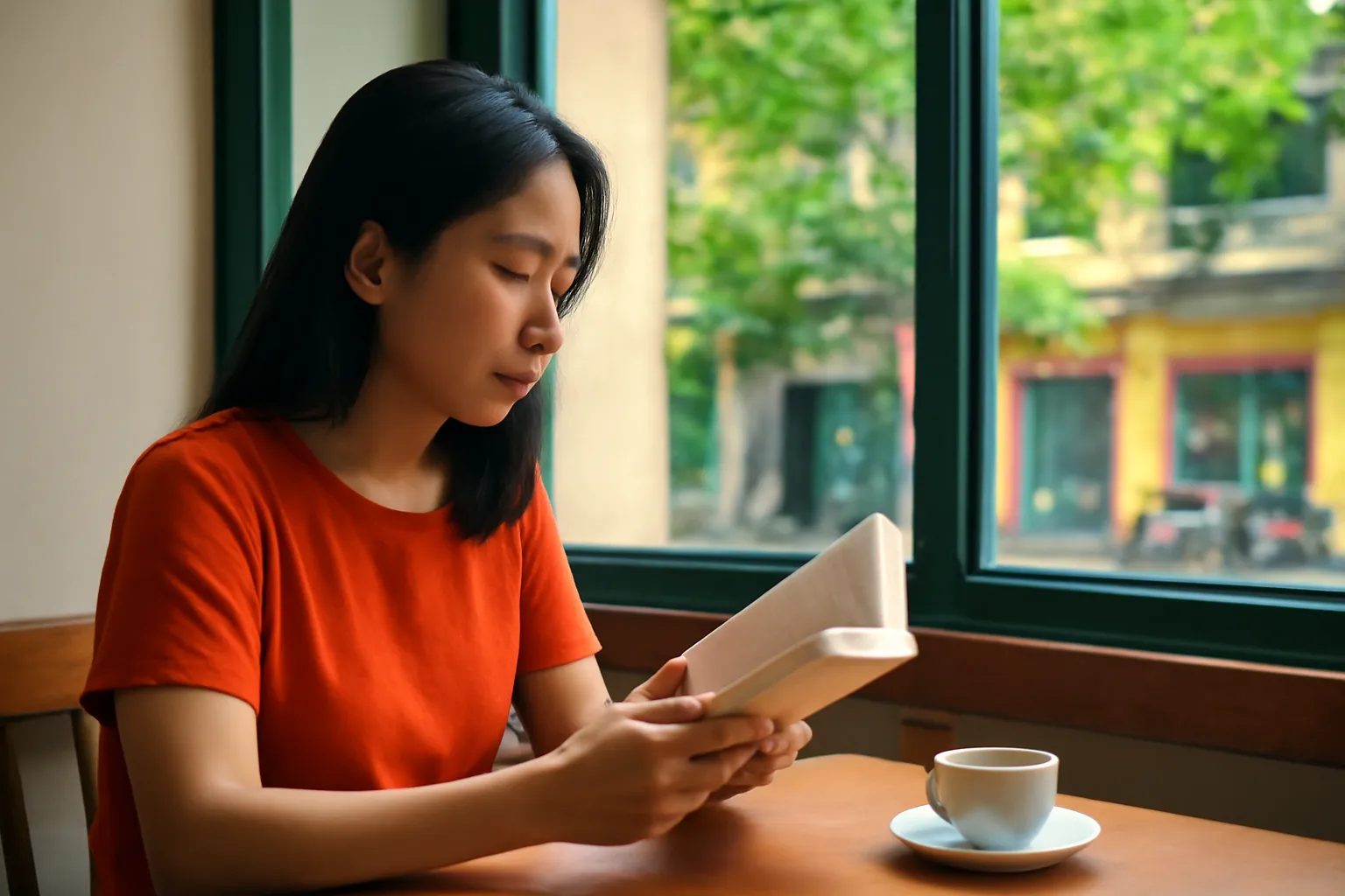 Người phụ nữ trẻ đọc sách bên cửa sổ quán cà phê buổi sáng