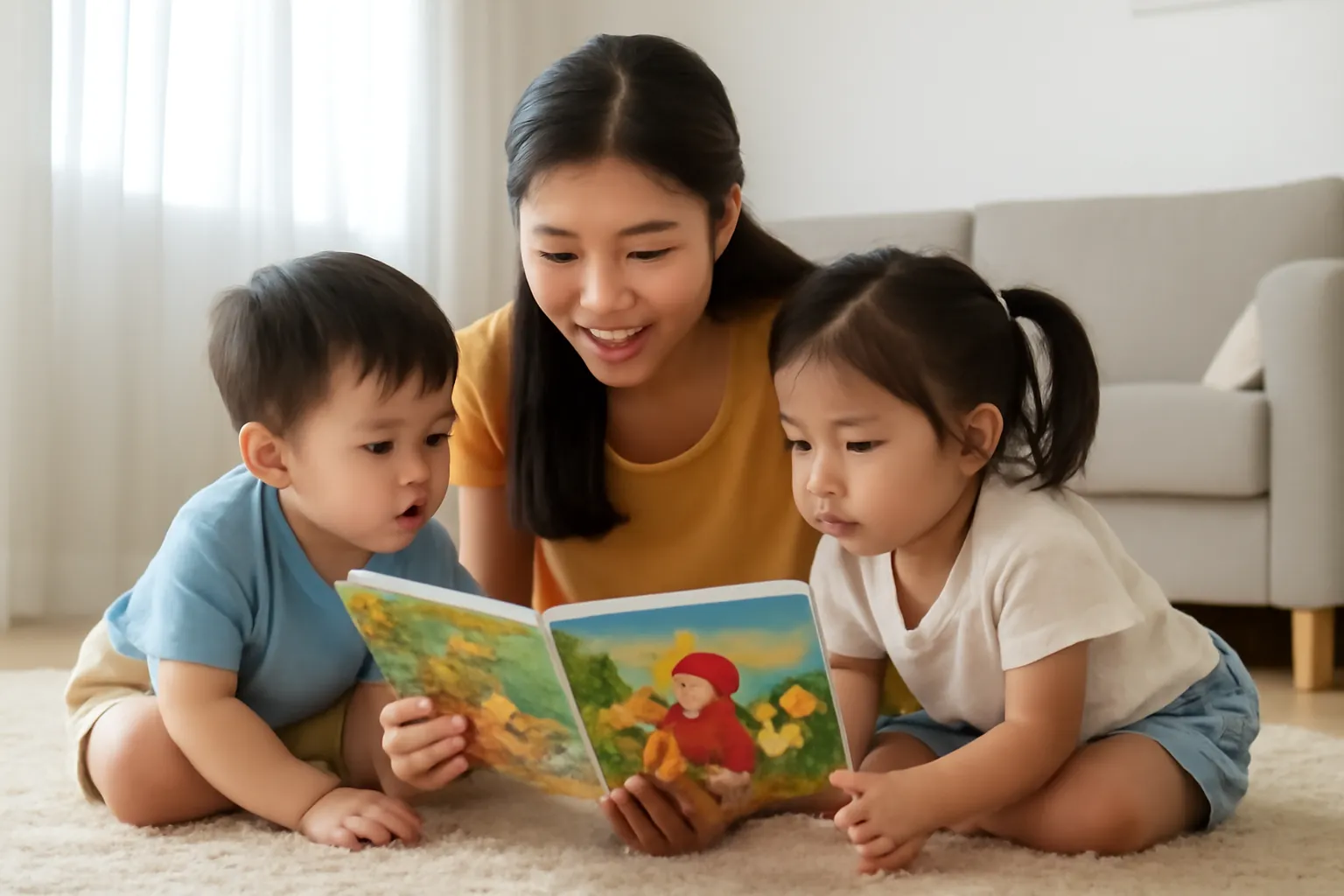 Người mẹ đọc truyện cho hai con nhỏ trên tấm thảm phòng khách