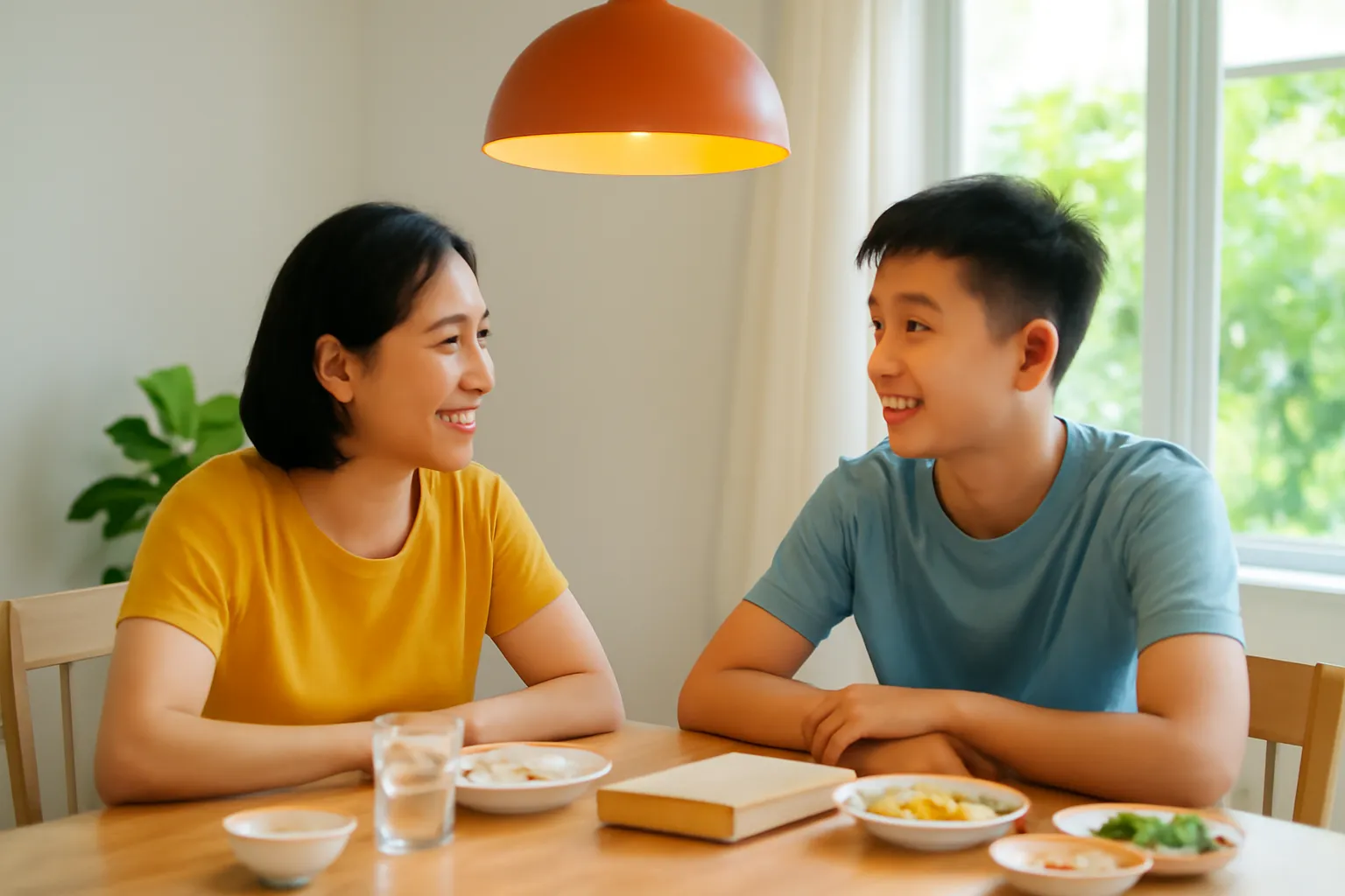 Mẹ và con trai tuổi teen trò chuyện bên bàn ăn tối với cuốn sách