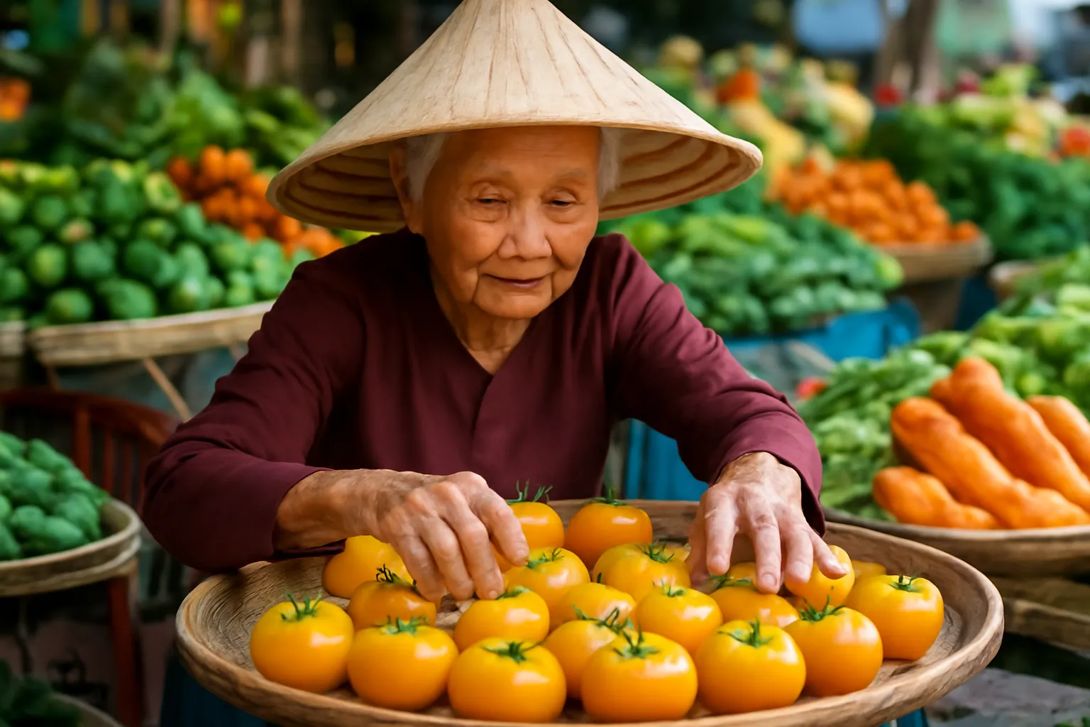 Bà cụ bày quả thị vàng trên mẹt tre ở chợ quê buổi sáng