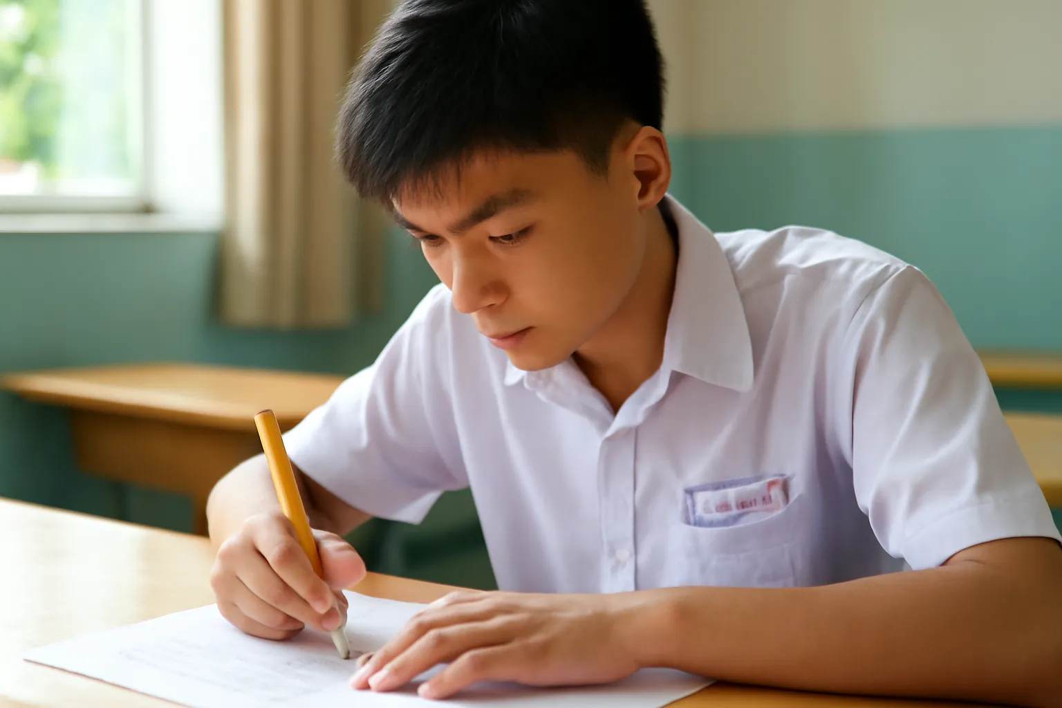 Học sinh cấp ba đọc đề và gạch chân bằng bút chì trong phòng học