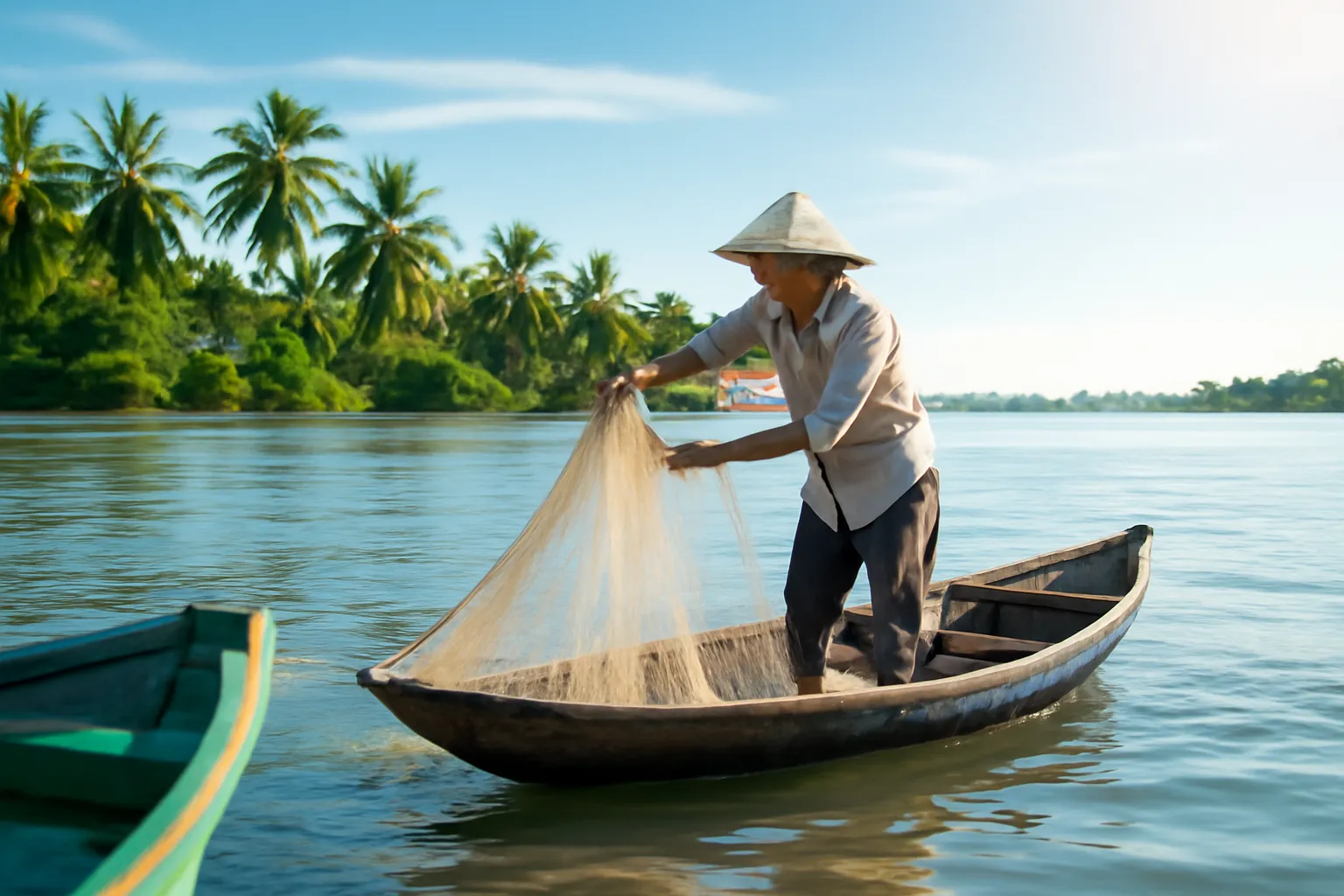 Ông lão đánh cá kéo lưới trên chiếc ghe nhỏ giữa sông miền Tây