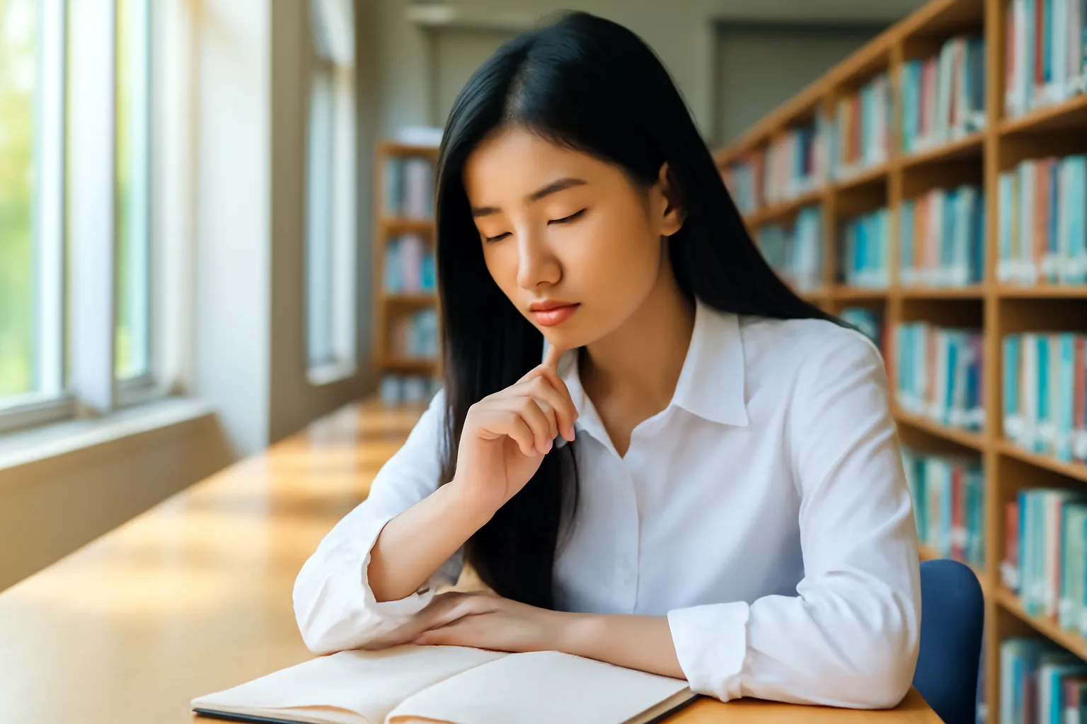 Nữ sinh ngồi bên cửa sổ thư viện viết vào sổ tay với ánh nắng