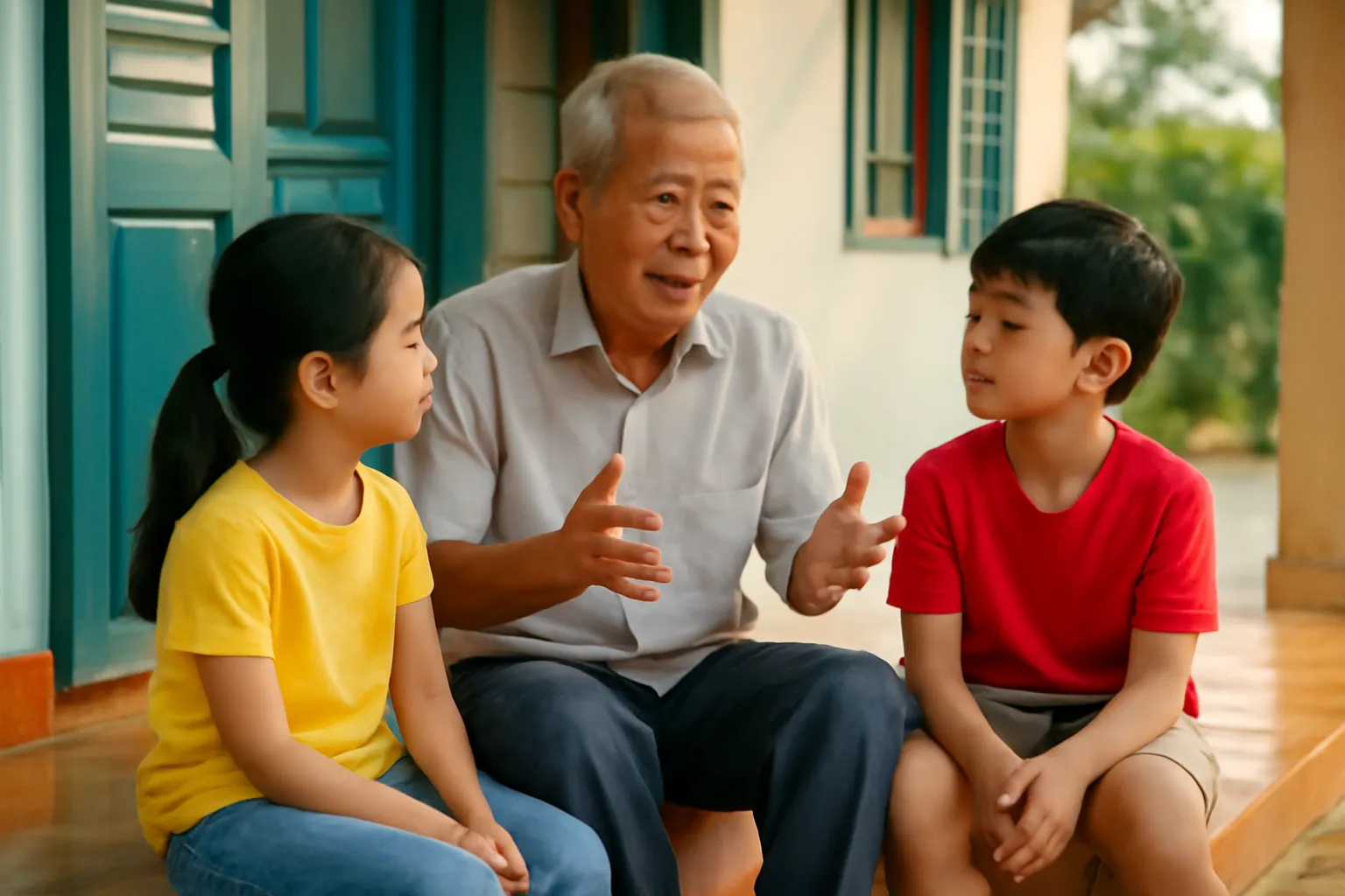 Ông cụ kể chuyện cho hai đứa cháu trên hiên nhà buổi chiều