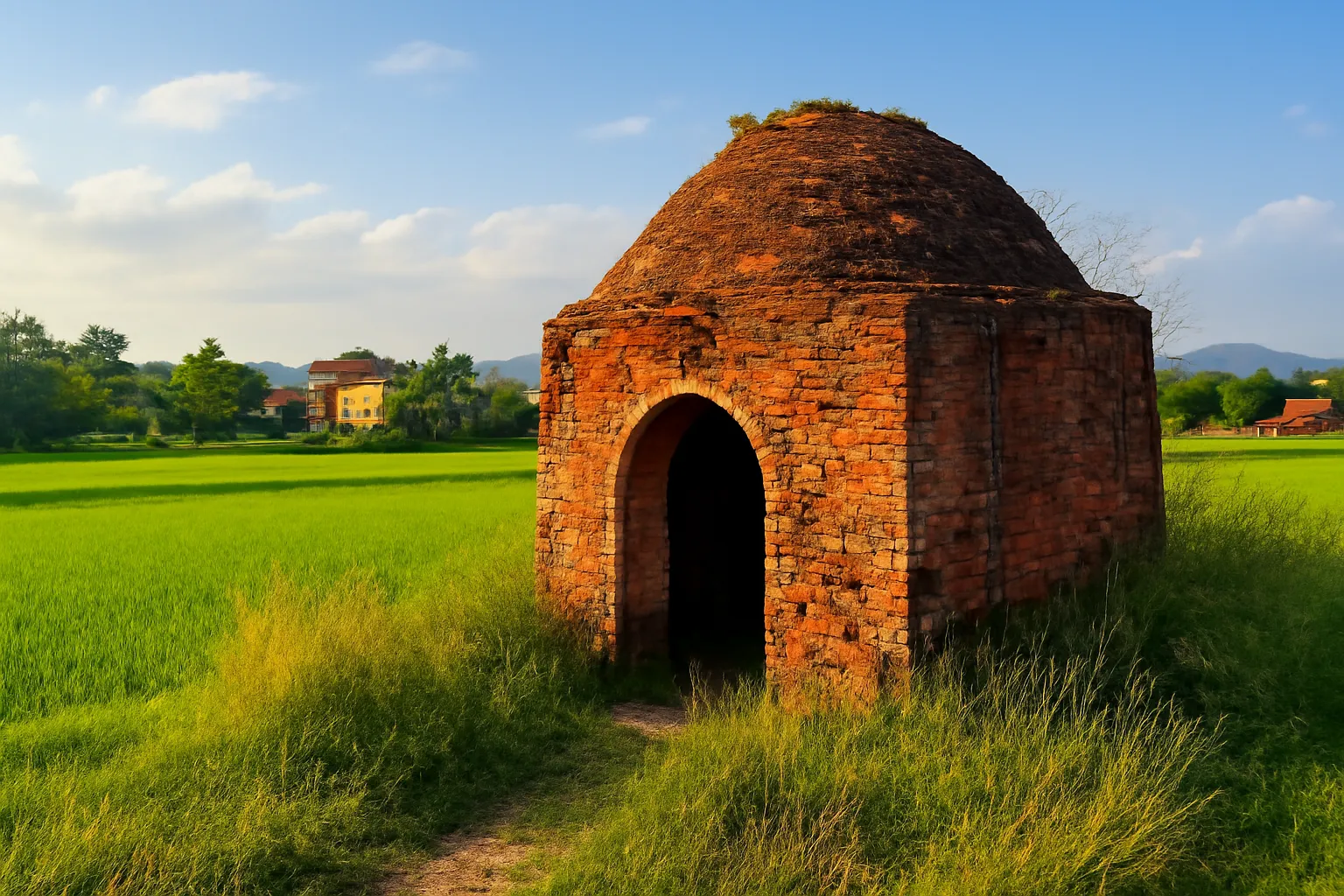 Lò gạch cũ bỏ hoang bên cánh đồng làng lúc chiều muộn