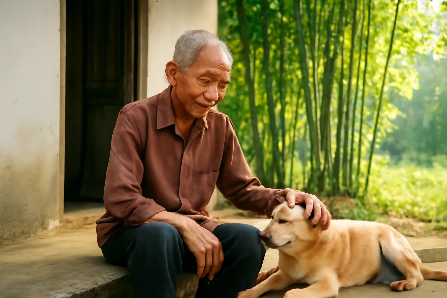 Ông lão nông dân ngồi trên bậc thềm nhà tranh bên chú chó vàng