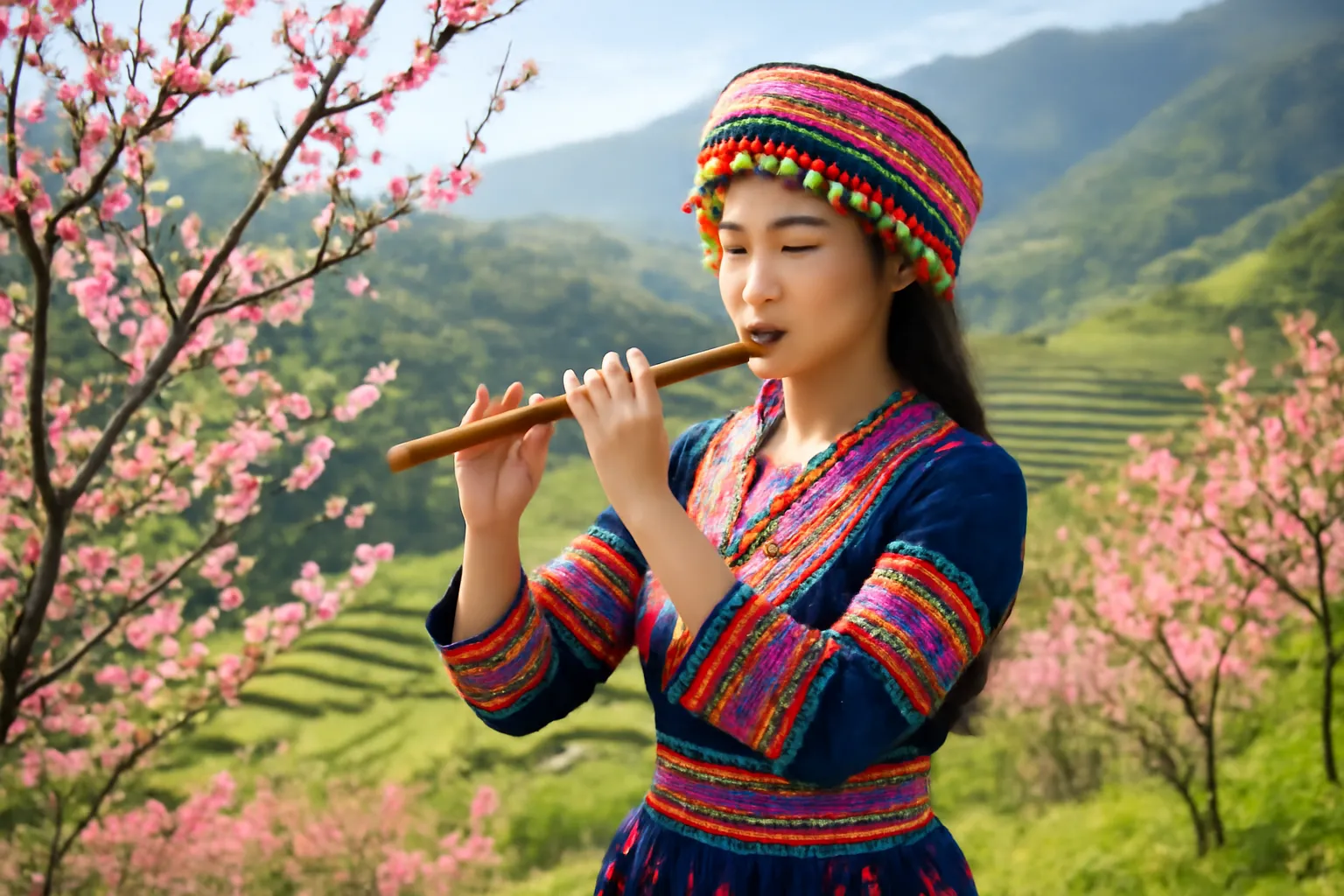 Thiếu nữ dân tộc Mông thổi sáo bên sườn núi Tây Bắc mùa xuân