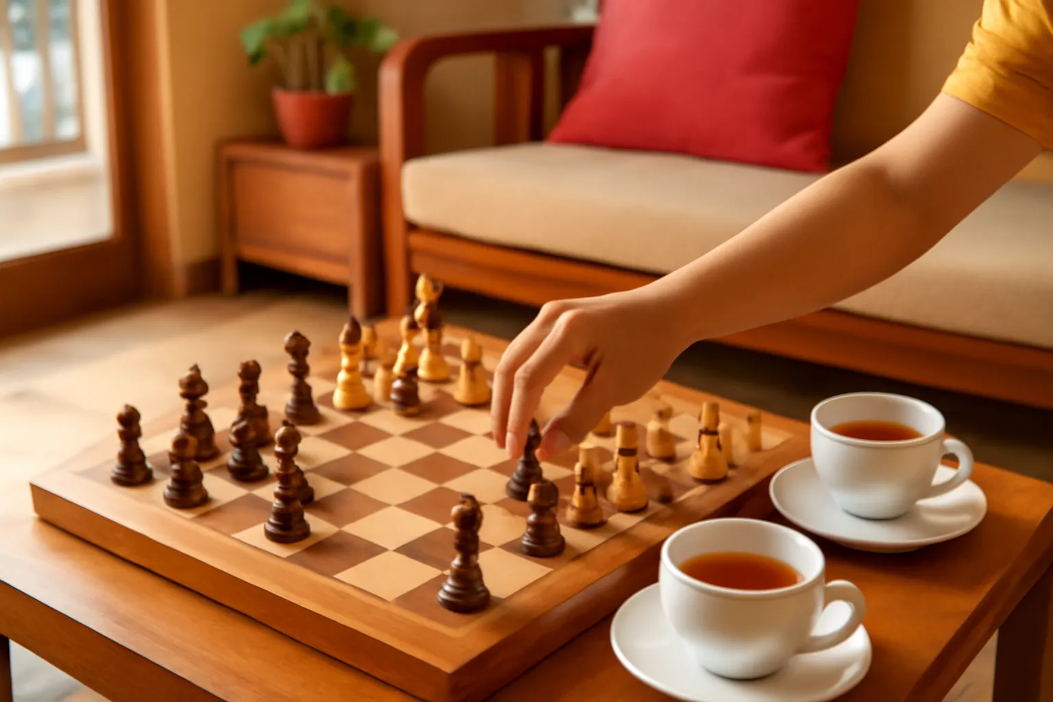 Bàn cờ gỗ với các quân cờ đang dở ván trên bàn trà buổi chiều