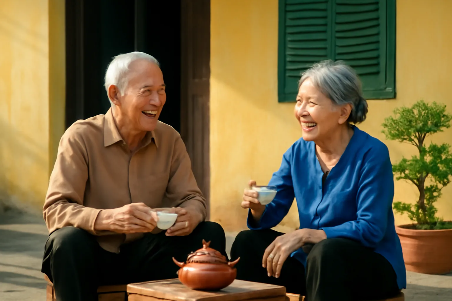 Hai người bạn già trò chuyện bên ấm trà trước hiên nhà buổi sáng