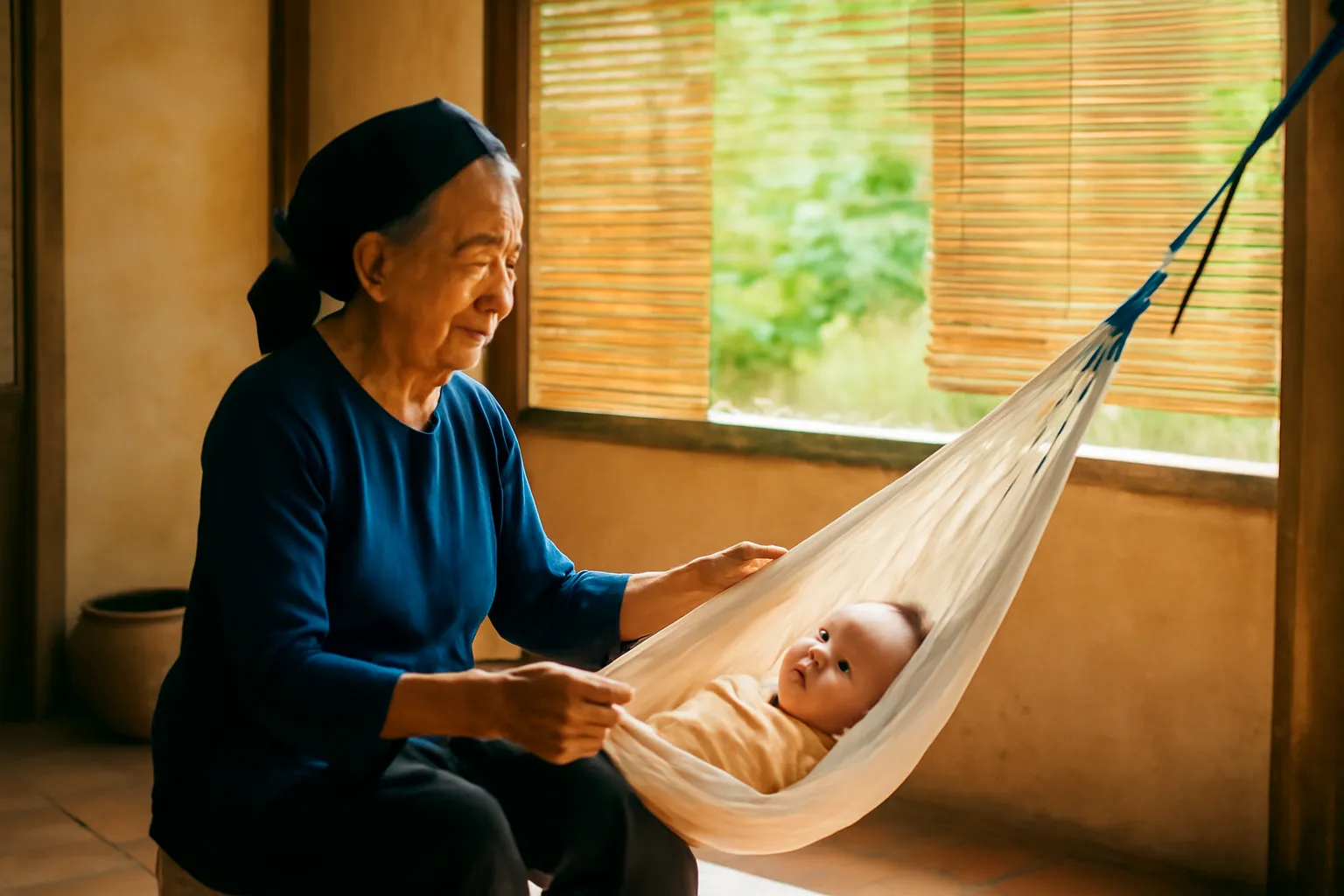 Người bà ru cháu ngủ trên chiếc võng trong gian nhà quê buổi trưa