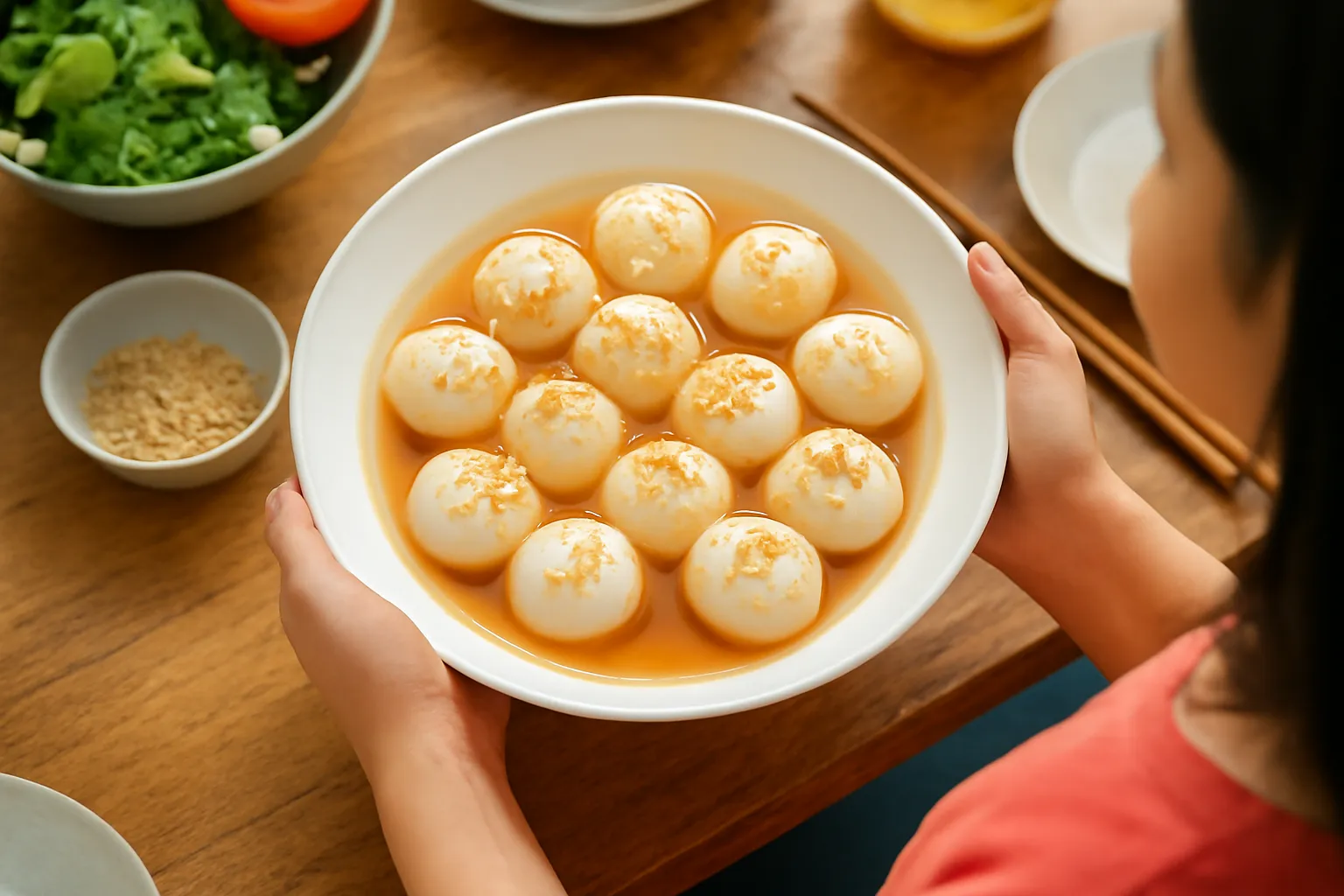 Đĩa bánh trôi nước trắng tròn trên chiếc bàn gỗ ngày Tết Hàn thực
