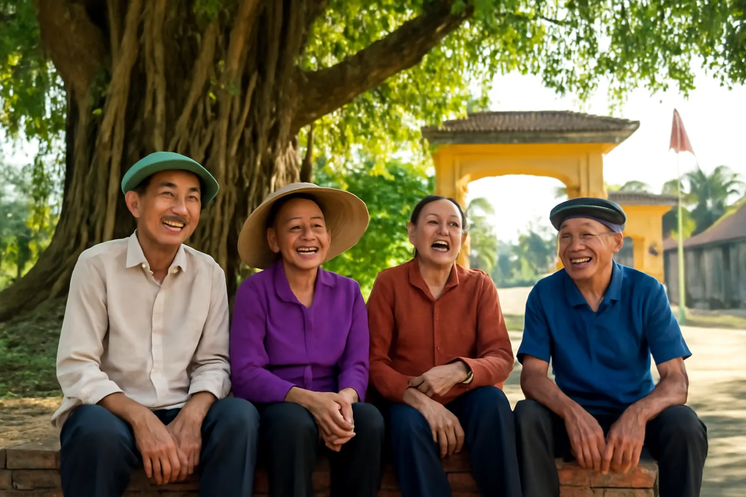 Nhóm người lớn tuổi cười vui dưới gốc đa đầu làng buổi chiều