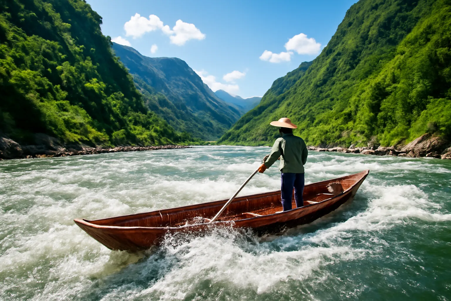 Người lái đò đứng chèo trên dòng sông giữa vùng núi cao