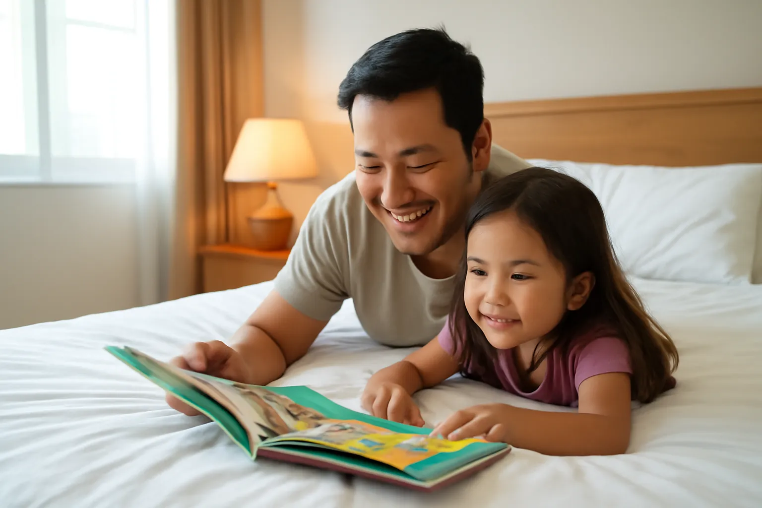 Người cha và con gái cùng đọc sách trên chiếc giường buổi tối