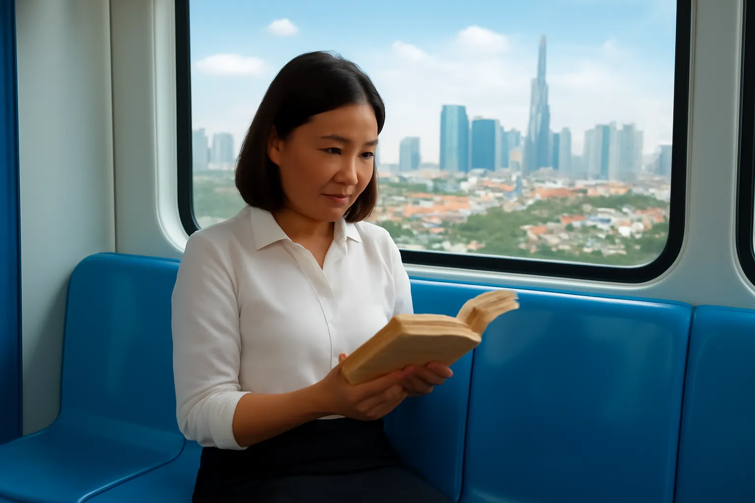 Người phụ nữ đi làm đọc sách trên tàu điện buổi chiều