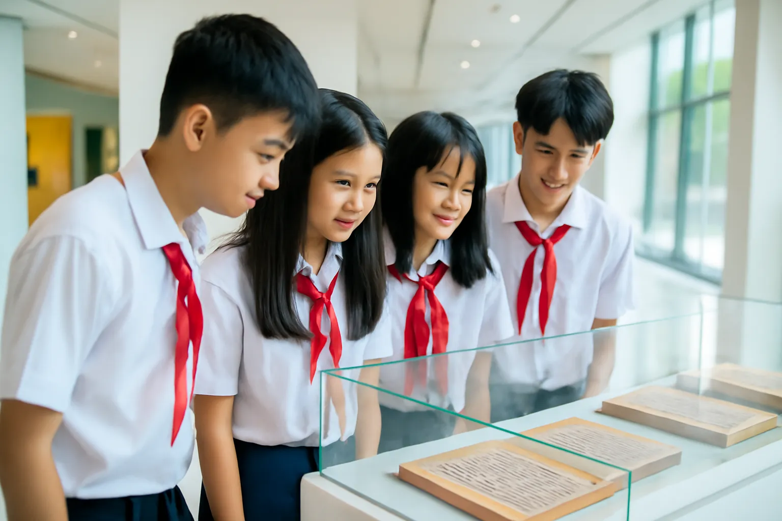 Học sinh xem những bản sách cổ trưng bày trong tủ kính bảo tàng