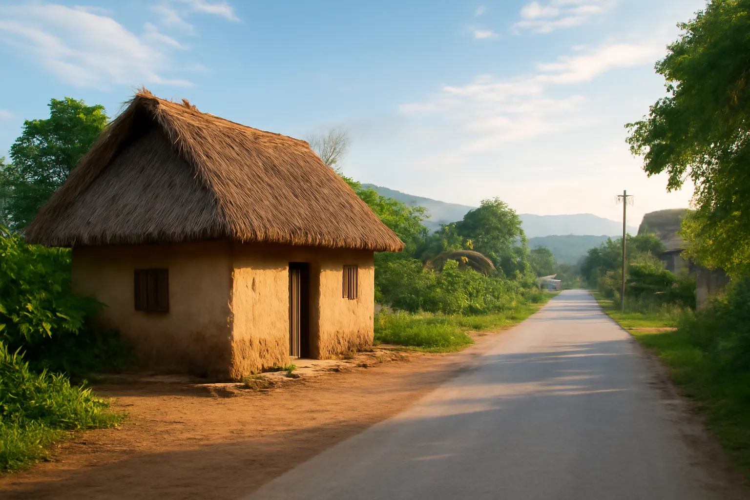 Mái nhà tranh nhỏ ven làng Bắc Bộ trong buổi sáng sớm có khói bếp